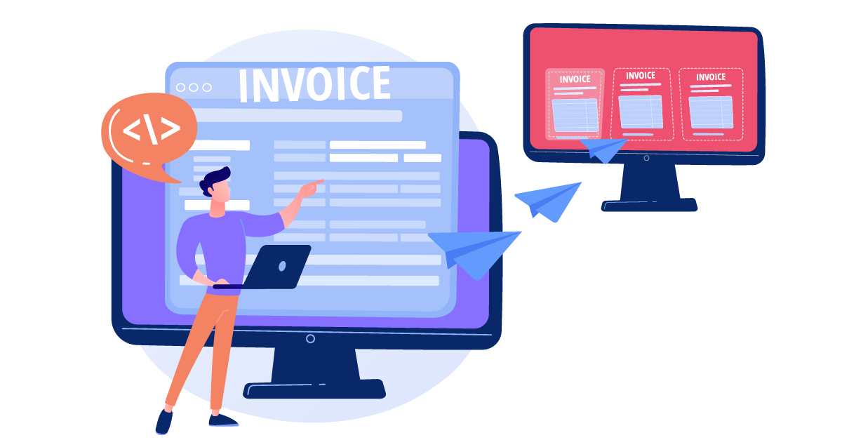 Illustratie van een e-invoice concept, waarbij facturen elektronisch worden verstuurd en ontvangen in overeenstemming met de nieuwe compliance-vereisten.